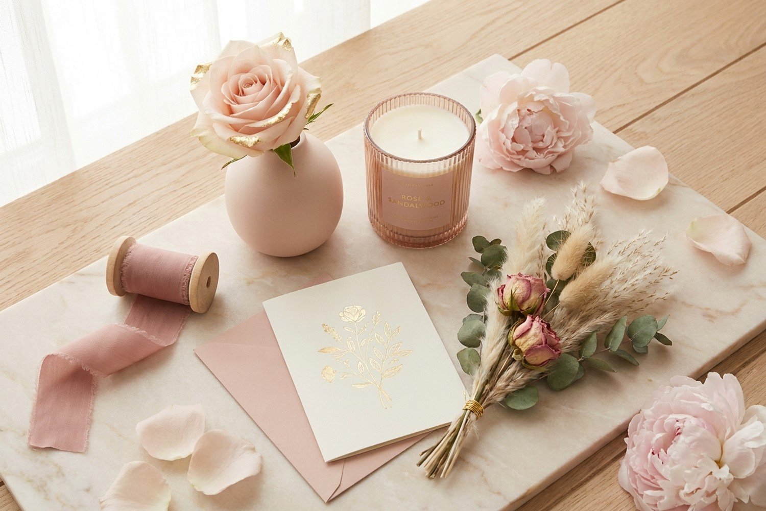 A flat-lay of a floral gift collection