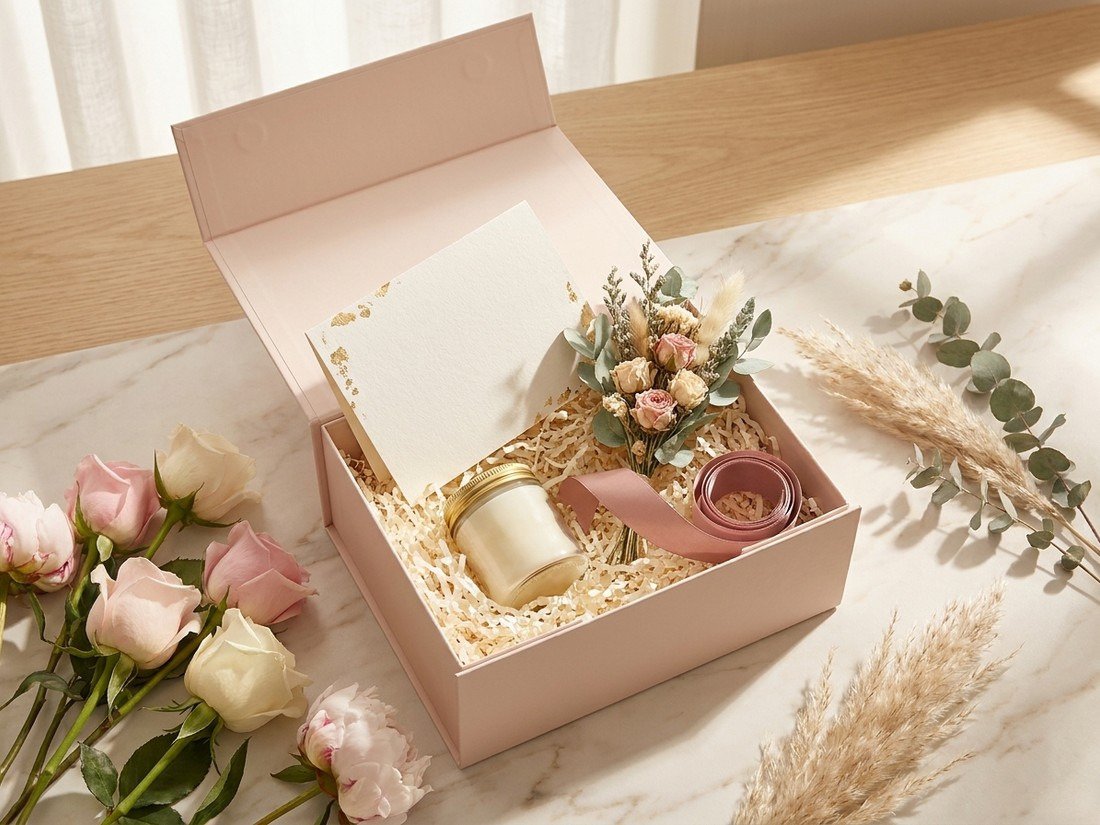 An open blush gift box tied with ribbon