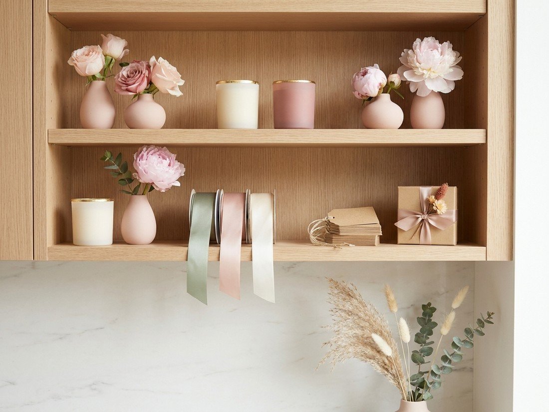 A styled shelf of candles, ribbon and gift boxes
